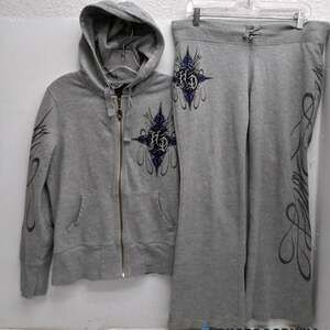 Vintage Y2K Harley Davidson Ash Grey Zip Hoodie & Flared Pant Lounge Set - Size